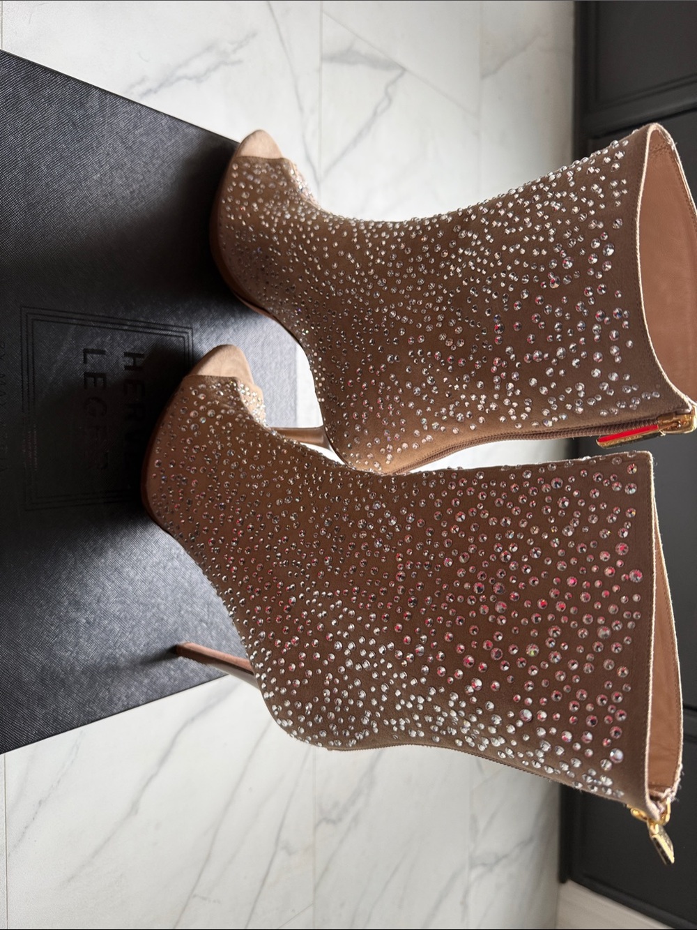 Herve Leger Nude/Tan Crystal-Embellished Peep-Toe Stiletto Booties
